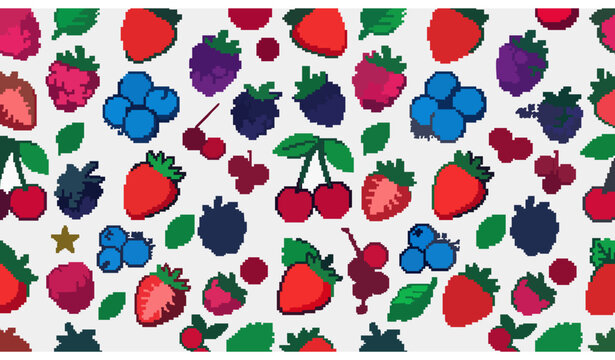 Title:Kawaii Pixel Berry Seamless Vector Pattern &ndash; Comic Fruit Graphic Collection