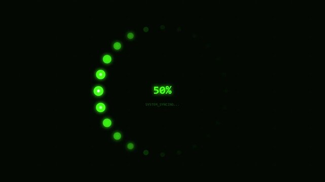 Green glowing circular progress bar interface showing fifty percent complete status indicator icon with dotted loading wheel element isolated on black background