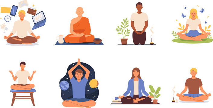 Cartoon vector illustrations of people practicing mindfulness yoga and meditation
