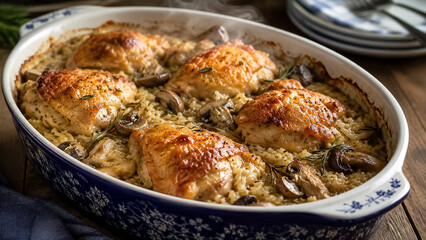 Fototapeta premium Delicious roasted chicken thighs with mushrooms and rice casserole, creating a hearty and comforting homemade dinner dish