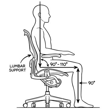 Ergonomic office chair posture guide with correct sitting angles hand drawn