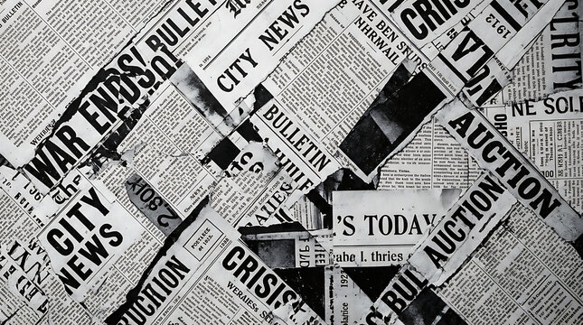 Collage of vintage newspaper headlines and articles in black and white