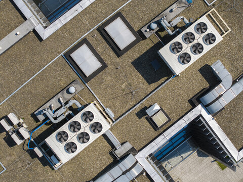 Aerial view of ai data center rooftop with industrial HVAC units and ventilation systems in Krakow, Lesser Poland Voivode, Poland.