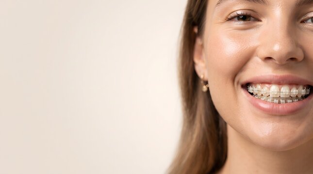 Portrait of smiling young woman with clear ceramic braces, orthodontic dental care