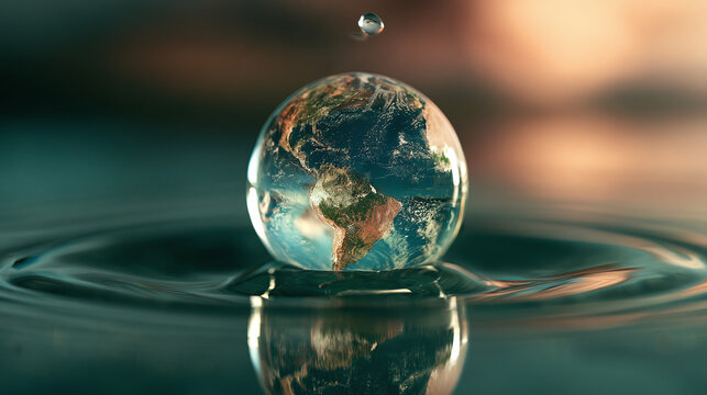 Earth Inside Water Drop with Ripples - Environmental Conservation Concept