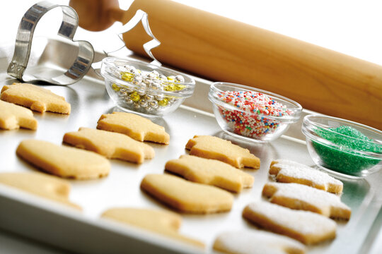 Shortcrust biscuits on baking tray