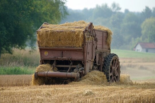 Old hay baler working in a wheat field, spreading straw and creating bales, demonstrating traditional farming methods