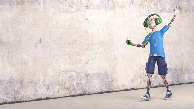 Robot listening to music with headphones, 3d rendering