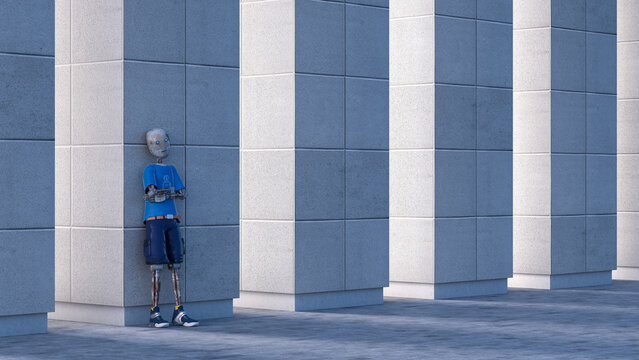 Robot leaning against a column, 3d rendering