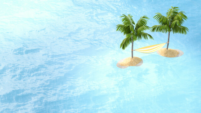 3D Illustration, hammock between two islands, palms