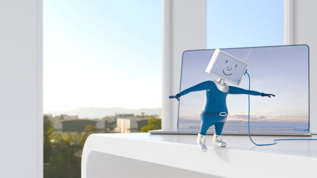 Monitor-headed manikin stumbling over cable on desk in front of laptop