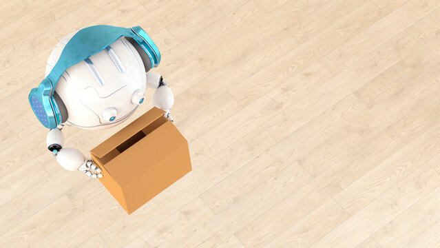 Robotic drone carrying cardboard box, 3d rendering