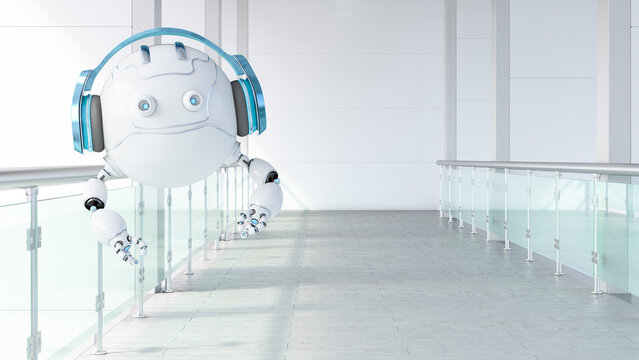 Robotic drone wearing headphones floating on galery, 3d rendering