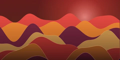 Fotobehang Bordeaux Sunset landscape with layered, flowing hills in vibrant shades of red, orange, and purple abstract waves  © Sabbir