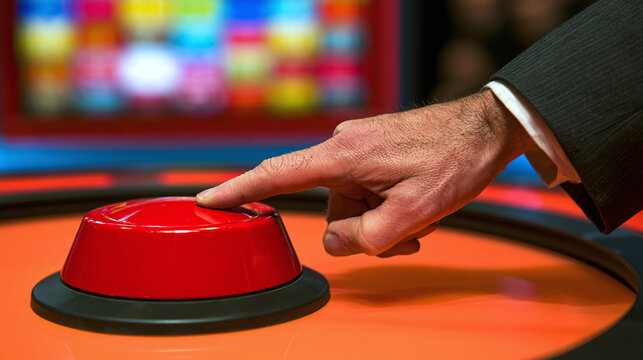 Man's Hand Press Red Button Game Show Contest Action Decision Power