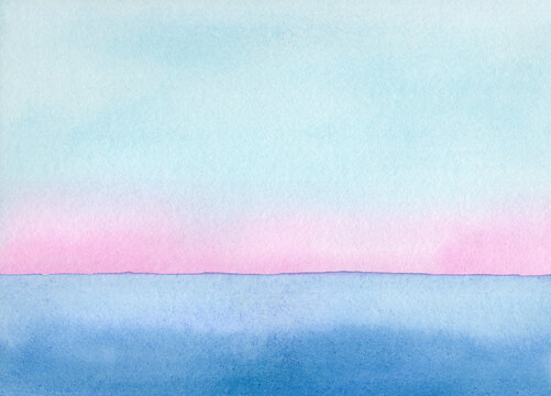Authentic watercolor painting of ocean landscape at sunrise