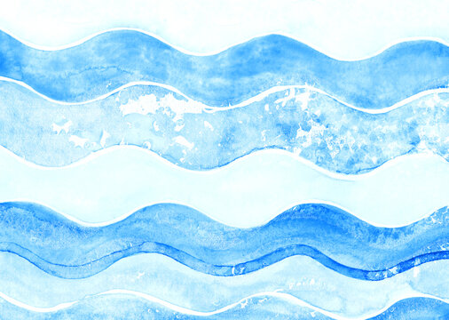 Abstract watercolor painting displays blue ocean waves with copy space