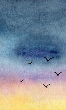 A watercolor painting shows a bird flock flying in the sunset sky