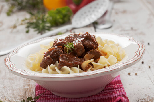 Goulash with noodles, close up