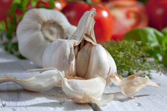 Garlic and herbs, close up