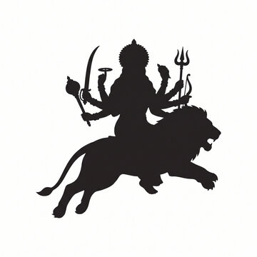 Durga goddess silhouette riding a lion carrying divine weapons for celebration of Navratri festival isolated on white background design