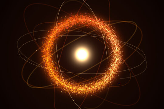 Luminous Core and Energetic Particles Orbiting in Abstract Atomic Structure on Dark Background