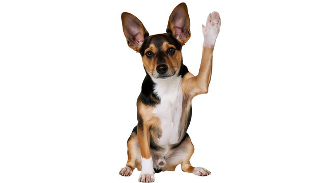 Dog raising paw sitting, looking at camera