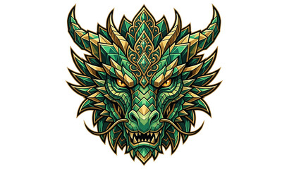 Fototapeta premium Emerald Green and Gold Dragon Head Vector Illustration Isolated on Black Background