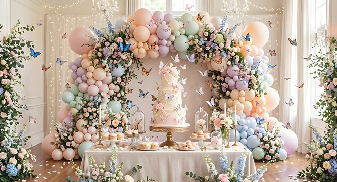 Butterfly themed birthday party setup with pastel balloons and floral pillars