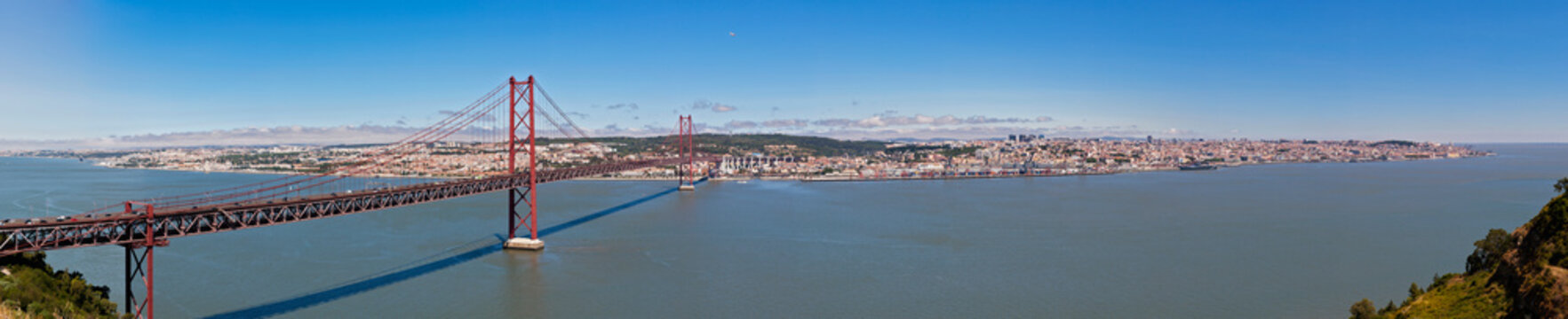 Europe, Portugal, Lisbon, Almada, View of suspension bridge with river Tagus