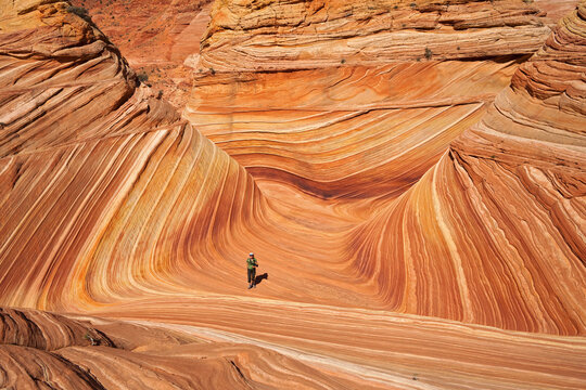 USA, Utah, Coyote Buttes, The wave and single tourist