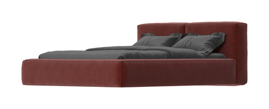 Modern upholstered bed with dark grey bedding and pillows isolated on white
