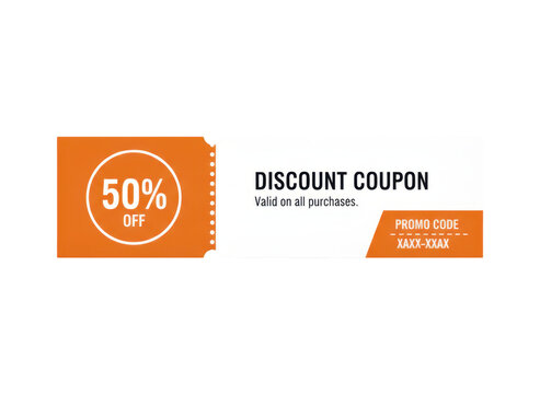 Orange discount coupon design with fifty percent off offer and promo code space for sales