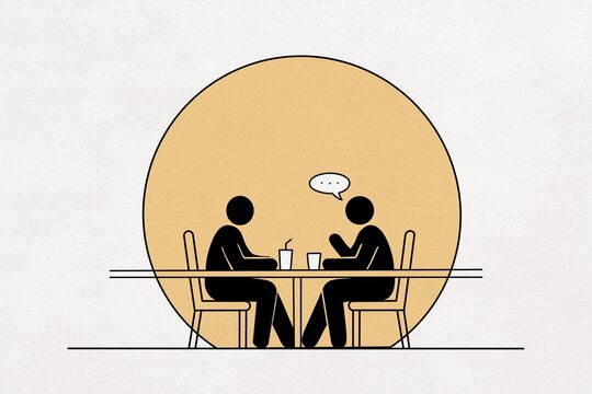 Minimalist illustration depicts a conversation at a cafe table
