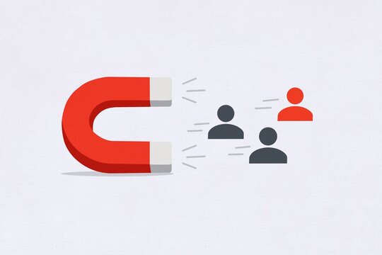 A red magnet attracts customer icons for a marketing strategy