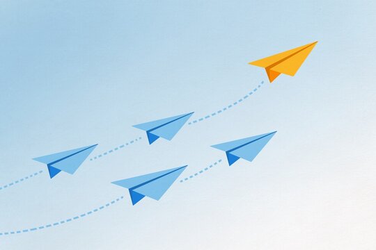 An orange paper airplane leads a blue group towards success