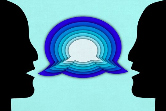 A layered speech bubble connects silhouettes in a dialogue