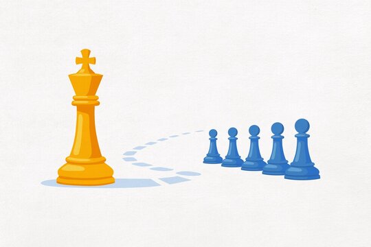 A yellow chess king leads blue pawns along a dashed path