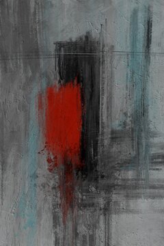 Abstract painting features red and black texture on gray canvas