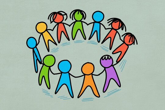 Colorful stick figures hold hands in a circle to show unity
