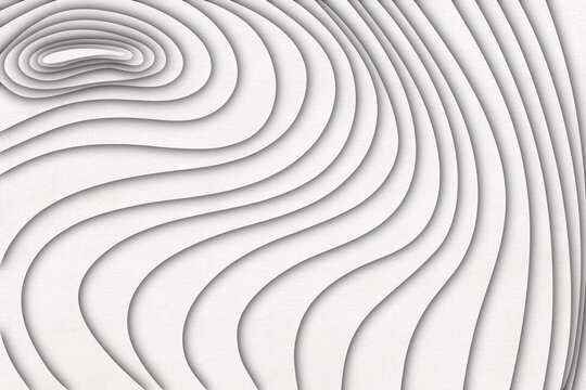 Abstract white topographic map shows wavy layers and fluid contours
