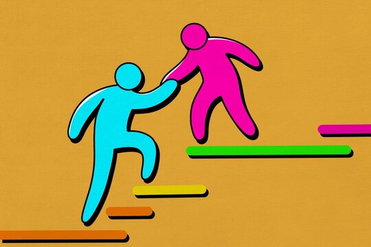 A colorful graphic shows one figure helping another climb stairs