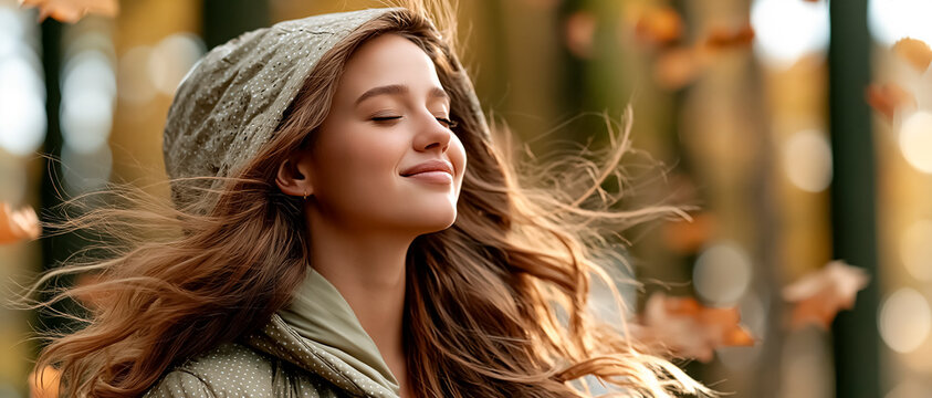 Positive young woman in an autumn raincoat in the park

