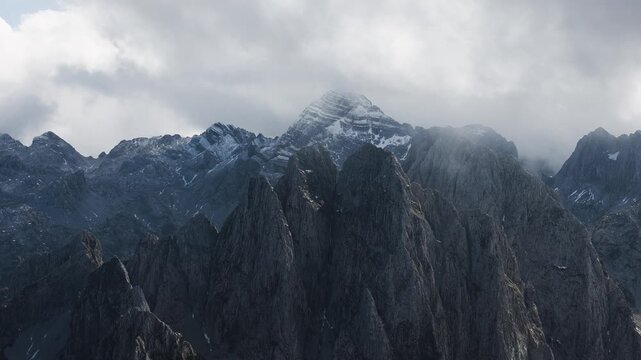 Autumn mountain scenery of a snow-covered peak in the Albanian Alps, Jezerca