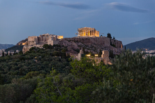 Greece, Athens, View of the Acropolis from Pnyx at blue hour