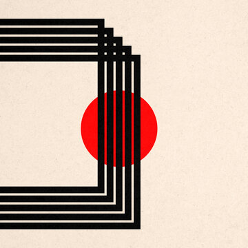 Abstract constructivist illustration with geometric lines and red sphere