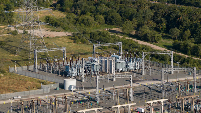 Aerial drone view captures an energy infrastructure substation
