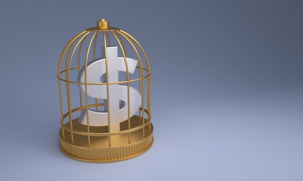 Silver dollar sign trapped inside a golden birdcage