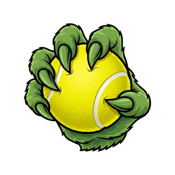 Green monster claw holding a tennis ball with sharp talons against a clean backdrop