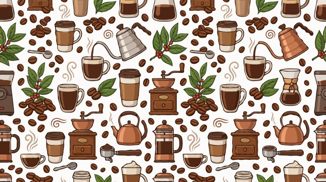 A seamless pattern of coffee-related items, including cups, beans, grinders, and brewing devices, set against a light background. The illustration features a warm, earthy color palette.